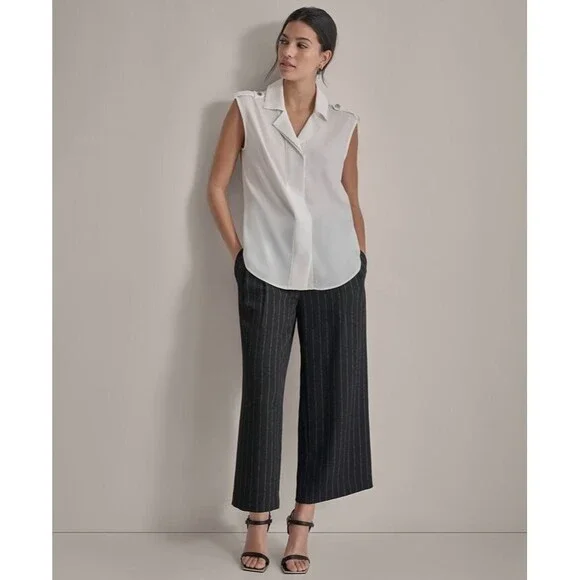 DKNY Women's Extended-Shoulder Camp Buttoned epaulets Blouse Top Ivory PXL - Picture 3 of 8